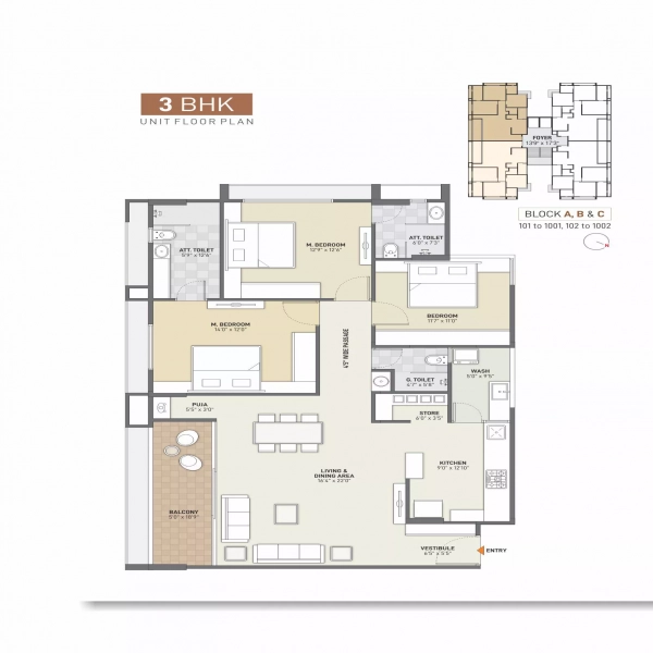 3 BHK Unit Floor Plan A,B& C Block 