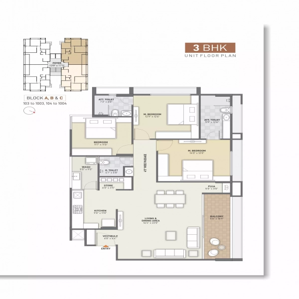 3 BHK Unit Floor Plan A,B& C Block 