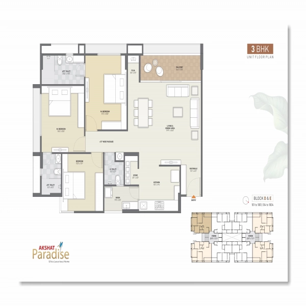 3 BHK Unit Floor Plan D&E Block	 